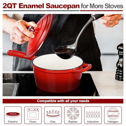 HaSteeL 2 QT Cast Iron Saucepan, Mini Enamel Dutch Oven with Lid, Small Non Stick Pan for Milk, Pasta Tomato Sauce, Butter, Breakfast, Soup, Suitable for Boiling Stewing Frying, Easy to Clean, Red