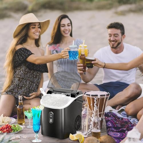 Antarctic Star Nugget Ice Maker Countertop, 34 lbs/Day Pellet Ice Machine with Self-Cleaning, Fast Ice Ready in 10 Minutes, Portable Ice Maker with Handle for Home, Office, RV, Camping(Black)