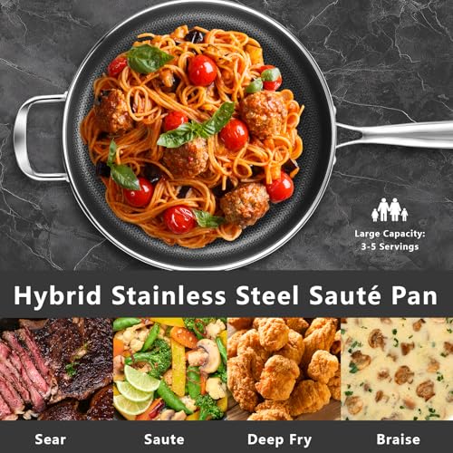 SAKAMOSH 12 Inch Frying Pan Nonstick with Lid, 5.6QT Hybrid Ceramic Deep Saute Pan & Skillet, Tri-Ply Stainless Steel for Even Heat, PFOA/PFOS Free, Induction & Oven Safe