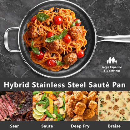 SAKAMOSH 12 Inch Frying Pan Nonstick with Lid, 5.6QT Hybrid Ceramic Deep Saute Pan & Skillet, Tri-Ply Stainless Steel for Even Heat, PFOA/PFOS Free, Induction & Oven Safe
