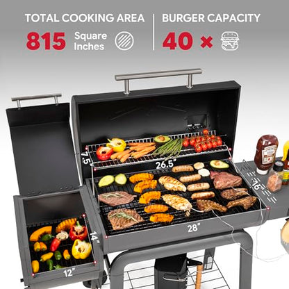 Feasto 30-Inch Heavy-Duty Charcoal Grill with Digital Temperature Control & 2 Meat Probes, Outdoor BBQ Grill with Offset Smoker, 832 Sq. In. Cooking Space for Backyard BBQ, Black & Grey