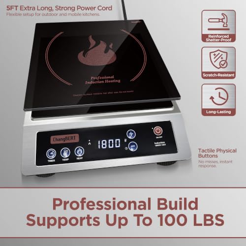 ChangBERT Professional Induction Cooktop, NSF Certified Countertop Burner, Large Coil for Even Heating, Precise Temperature Control, 10 Hours Timer, 1800W Powerful Hot Plate for Home & Commercial Use
