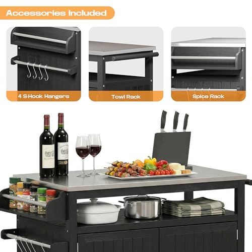 FUQARHY 43.3-Inch Outdoor Kitchen Island with Storage Cabinet and Stainless Steel Top, Solid Wood Prep Station Grill Table with Lockable Wheels for Patio, Backyard, Party (Black)