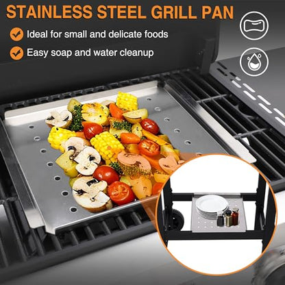 GRILL DEPOTS Propane Gas Grill with Folding Side Tables, 3-Burner Gas Grill with Cast Iron Grates and Stainless Steel Griddle Pan, Outdoor BBQ Grill Portable with Wheels 30000 BTU Output