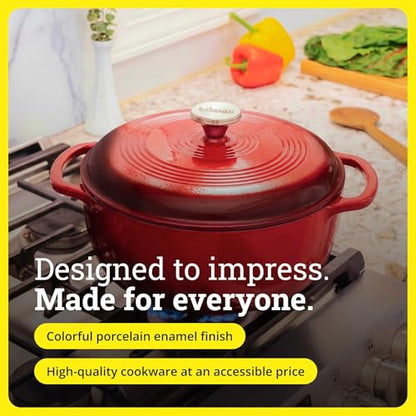 Lodge Essential Enamel Cast Iron Dutch Oven 6 Quarts - Perfect for Bread Baking, Braising, Marinating & Slow Cooking, Features Moisture-Sealing Lid & Dual Handles, Kitchen Essentials, Island Spice Red