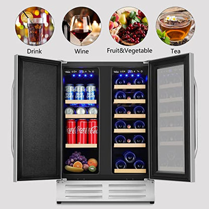 Velieta Wine and Beverage Refrigerator,24 Inch Dual Zone Wine Beverage Cooler, Built-in/Freestanding Beer and Wine Fridge with a Powerful Compressor, 20 Bottles and 88 Cans Capacity