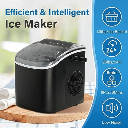Simple Deluxe Ice Maker for Countertop, Self-Cleaning, Portable Ice Machine with Scoop and Basket, 26lbs Ice/24Hrs, 6 Mins 9 Bullet Ice, 13.7lbs, for Home Kitchen Office, Black