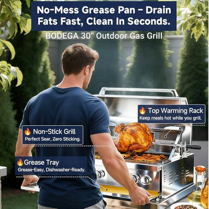 BODEGA Gas Grill Built-In Head, 30-Inch 5-Burner Propane Grill, LP Gas & Natural Gas Convertible, Heavy Duty 304 Stainless Steel 58000-BTUs BBQ Island Kitchen Gas Grill Outdoor Cooking.