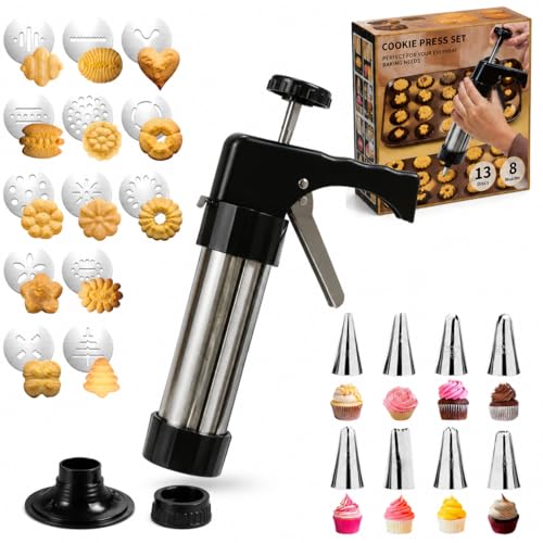 Loukaii Spritz Cookie Press Gun Kit - 24-piece cookie press set with 13 Discs & 8 Tips | Easy Squeeze for Butter Cookies, Cake Decorating | Ideal Holiday Baking & Gift for Home Bakers