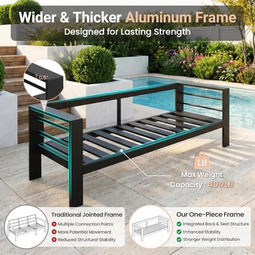 Aluminum Outdoor Couch, 3-Seat Metal Patio Sofa with 10" Back Cushion