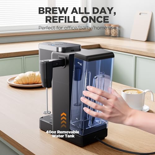 Tastyle 330MF Single Serve Coffee Maker with Built-in Detachable Milk Frother, Iced and Hot Coffee Machine for K Cup & Grounds, 40oz Removable Water Reservoir, 6 Cup Sizes, Fits 7.3" Travel Mug, Black