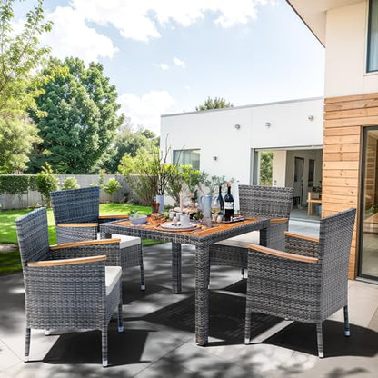 Shintenchi 5 Piece Patio Dining Set, Wicker Patio Conversation Set with Wooden Table Top, Outdoor Table and Chairs with Soft Cushions for Backyard, Deck and Garden, Grey Wicker