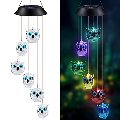 Solar Wind Chimes, Owl LED Solar Powered Wind Chimes Lamp Color Changing Waterproof Garden Chimes with Hook for Outdoor Indoor Patio Yard Deck Grandma Mom