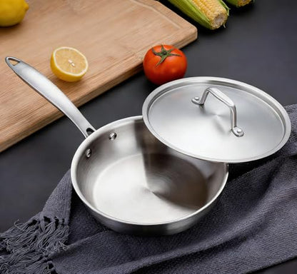 Fortune Candy 8-Inch Fry Pan with Lid, 3-ply Skillet, 18/8 Stainless Steel, Dishwasher Safe, Induction Ready, Silver