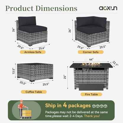 Aoxun 11 Piece Patio Furniture Set with 44" Fire Pit Table Wicker Rattan