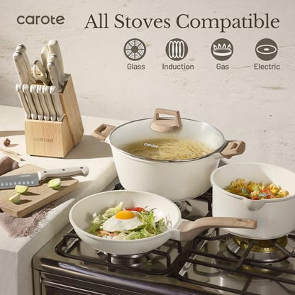 CAROTE ICE 35pcs Pots and Pans Set, Nonstick Cookware Sets, White Granite Induction Cookware with Kitchen Knife Set
