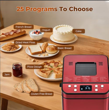 Rosewill 25-in-1 Automatic Bread Maker Machine with 3 Loaf Size up to 2LB, 700W High Power Dual Heater Bread Maker with BPA-free Nonstick Coating Pan, Max 15 Hours Delay Timer, Low Noise - Red Velvet