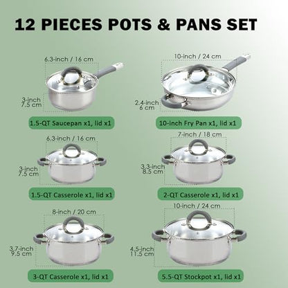 Cook N Home 12-Piece Basics Stainless Steel Cookware Set, Tri-ply Pots and Pans Set with Silicone Handle - Non-Toxic, Induction Ready, Oven & Dishwasher Safe