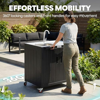 Feasto Outdoor Kitchen Island with Stainless Steel Sink and Storage Cabinet, 35-Inch BBQ Prep Station with Faucet & Lockable Wheels for Patio, Backyard, and Outdoor Cooking, Black & Silver