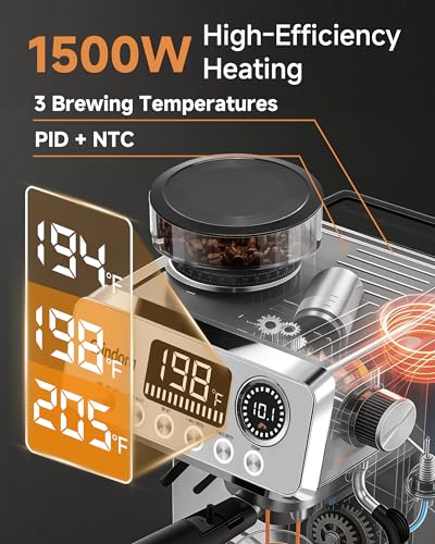 Espresso Machine with Grinder, 20 Bar Stainless Steel Espresso Coffee Machine, 44 Grind Settings, 0.1s Precision Timer, PID Control, Milk Frother for Latte, Cappuccino, Americano & Cold Brew