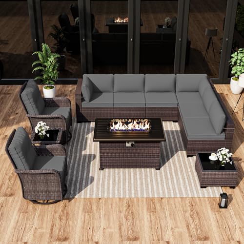 ALAULM Patio Furniture Set with 2 Swivel Chairs, Outdoor Sectional with 55000 BTU Fire Pit Table and Wide Seat, 11 Pieces Wicker Rattan Conversation Set with Coffee Table for Garden, Deck, Grey