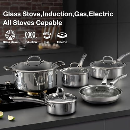Sauce pan with lid,1.5 Quart & 2.5 Quart Hybrid Nonstick Sauce pans set, Stainless Steel cookware,non stick Pots PFOA Free,Works on Induction,Ceramic and Gas Cooktops