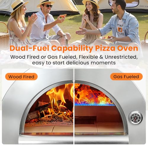 32.5" Dual Fuel Pizza Oven - Wood Fired or Propane Gas Fueled, Large Outdoor Oven with 4 Casters, 8 pcs Pizza Stones for BBQ, Grilling, 430 Stainless Steel Pizza Oven for Backyard, Camping and Party