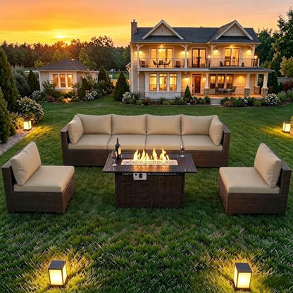 LAFWELL 8-Piece Wicker Patio Conversation Set with 44" Propane Fire Pit Table, Cozy Outdoor Sectional Sofa for Backyard Gatherings, Poolside Lounging & Garden Parties