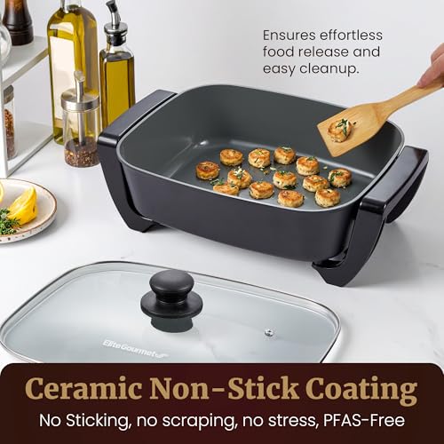 Elite Gourmet 15" x 12" x 4" Electric Skillet, Xtra Deep Dish, Ceralast™ PFAS Free Ceramic, 1500W Rapid Heat, Tempered Glass Vented Lid, Dishwasher Safe, 12.5 Qt., Black/Gray