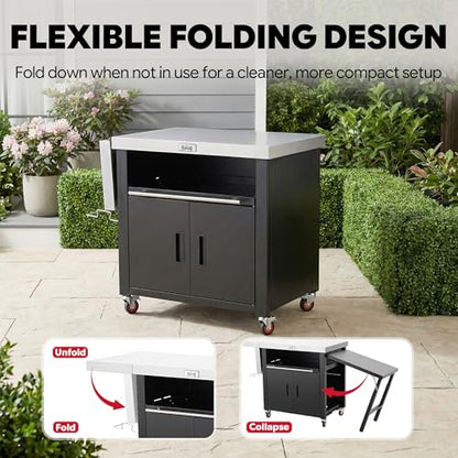 Outdoor Kitchen Island with Cabinet, Outdoor Grill Table with Stainless Steel Top for Pizza Oven& Griddles, Movable Bar Cart with Pull-Out Plate for Parties& Gathering, Heavy-Duty, L74”x W24”