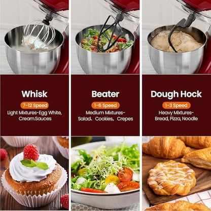 Kismile 5.5QT Tilt-Head Stand Mixer, 12-Speed Electric Mixer with 304 Stainless Steel Bowl - Includes Whisk, Dough Hook, Beater for Baking Bread, Cakes, Cookies（Red）