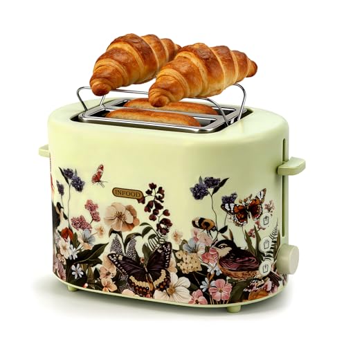 INFOOD Retro Toaster 2 Slice - 6 Toast Settings, Cancel/Defrost/Reheat Buttons, Built-in Warming Rack & Removable Crumb Tray, 1.5 Inches Extra Wide Slots, 750W, Floral Design