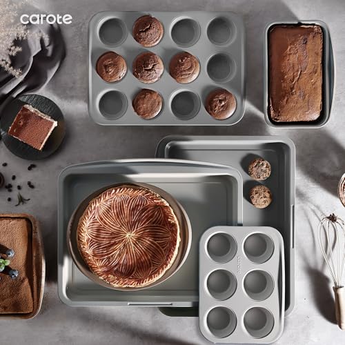 CAROTE 7-Piece Nonstick Stackable Baking Pans Set - Bakeware Sets Including Cookie Sheets for Baking, Muffin Pan, Bread Pan, Cake pan, Loaf Pan, Roasting Pan, Gray & Blue