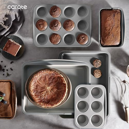 CAROTE 7-Piece Nonstick Stackable Baking Pans Set - Bakeware Sets Including Cookie Sheets for Baking, Muffin Pan, Bread Pan, Cake pan, Loaf Pan, Roasting Pan, Gray & Blue