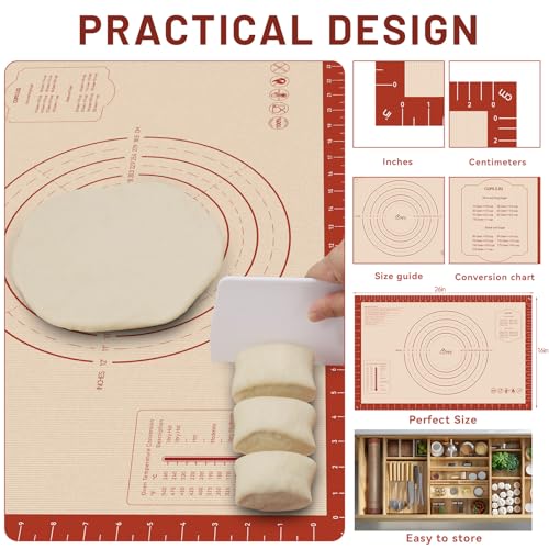 HOTEC Silicone Baking Mat - 26x16 Thickened Pastry Dough Mat with Measurement Non-Stick For Dough Rolling, Bread, Oven Liner, Kitchen Counter, Fondant/Pie Crust