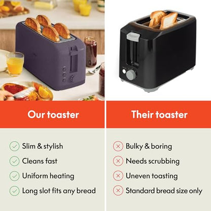bella 4 Slice Slim Toaster, Fits-anywhere™ Kitchenware, 6 Setting Shade Control with Reheat & Cancel Buttons, Fits Sourdough, 10” Long Slot, Anti Jam & Auto Shutoff, 900 Watt, Plum