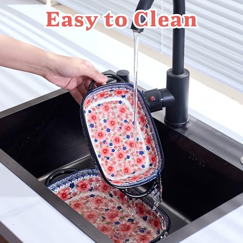 TAUFIKT Ceramic Casserole Dishes for Oven, Hand-painted Polish Pottery Baking Dish Set of 2, 0.8QT / 2QT Porcelain Casserole Dishes with Handles, Baking Pan Lasagna Pan, Gift for Family/Friend (Red)