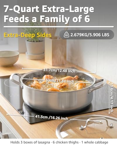 LOLYKITCH 7 QT Large Deep Frying Pan with Lid, 12 Inch Nonstick Triply Stainless Steel Skillet Saute Pan, Ceramic Hybrid Honeycomb Cookware for Family Meal – Oven & Induction Ready, Riveted Handles