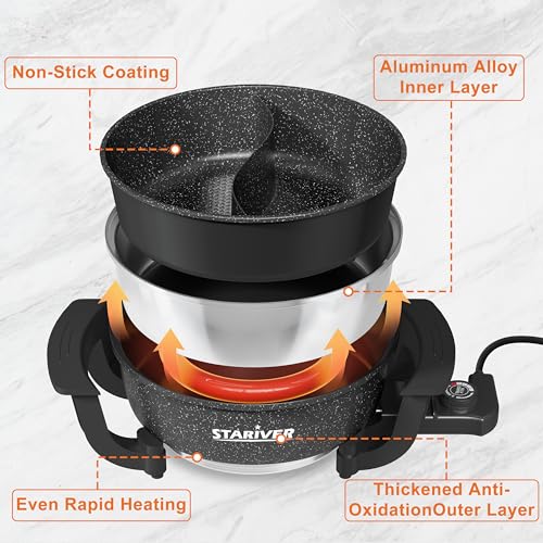 Stariver 6L Electric Hot Pot with Divider - Dual-Flavor Fondue & Shabu Shabu Pot, 1360W with 5-Temp Control, Non-Stick & BPA-Free, Perfect for Family Dinners & Parties
