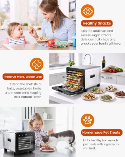 Saenchue Food Dehydrator Machine, 720W 8-Tray Stainless Steel Dryer with Clear Window Door, 95-170°F Digital Temp Control & 24H Timer, 360° Airflow for Jerky, Fruit, Herbs, Dog Treats