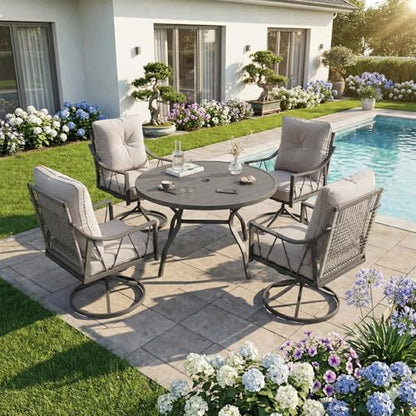 EROMMY 5-Piece Outdoor Patio Dining Set, 4 Wicker Swivel Rocking Chairs with 4" Cushions, 42" Round Table with Adjustable Umbrella Hole for Yard, Backyard, Black