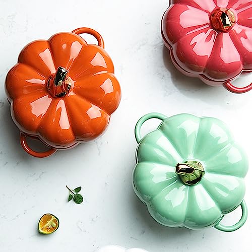 Pumpkin Pottery Dutch Oven Pot with Lid, Mini Baking Dish Casserole (Green)
