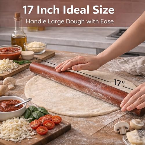 17 Inch French Rolling Pin, Wooden Dough Roller for Baking, Solid Wood Tapered Rolling Pin for Pizza, Pie Crust, Cookies, Pastry, Non-Stick, Easy Control Kitchen Baking Tool, African Rosewood