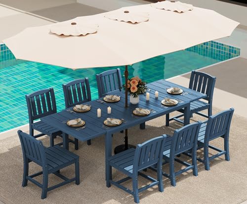 SERWALL 10-Piece Patio Dining Sets with 15FT Patio Umbrella, 60" - 83" Expandable Outdoor Dining Table and 8 HDPE Chairs, All Weather HDPE Outdoor Furniture Set, Blue (Umbreall Base not Included)