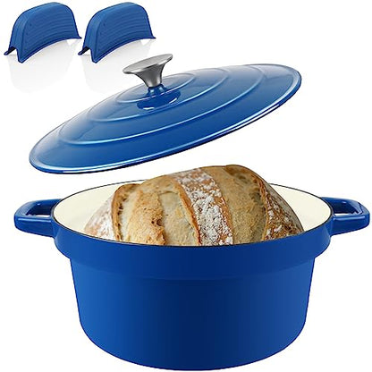 CUKOR 7QT Dutch Oven Pot With Lid, Enameled Cast Iron Dutch Ovens for Sourdough Bread Baking, Non-Stick Ceramic Dutch Oven Cooking Pot, Oven Safe, Blue (10 Pcs Bread Paper Liners)