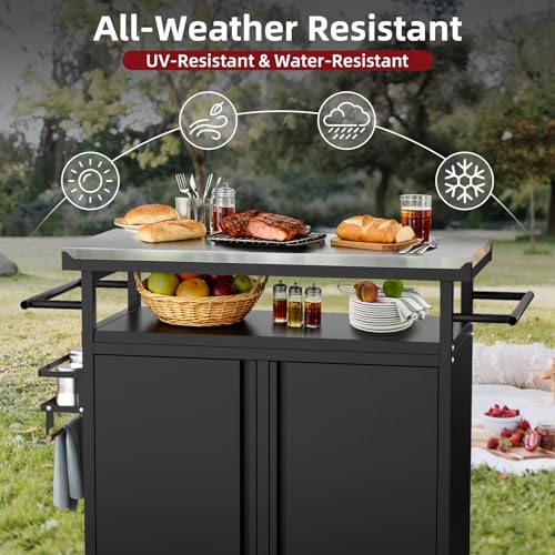 Nessxa Outdoor Grill Cart Bar Cart with Storage Cabinet for Grilling Accessories, XL Portable Outdoor Grill Table with Stainless Steel Top for Kitchen Prep, Lawn & Garden（Black）