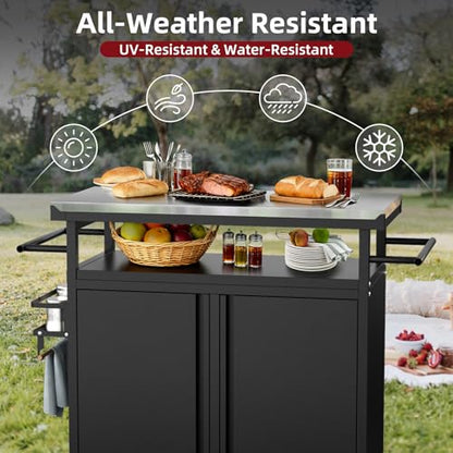 Nessxa Outdoor Grill Cart Bar Cart with Storage Cabinet for Grilling Accessories, XL Portable Outdoor Grill Table with Stainless Steel Top for Kitchen Prep, Lawn & Garden（Black）