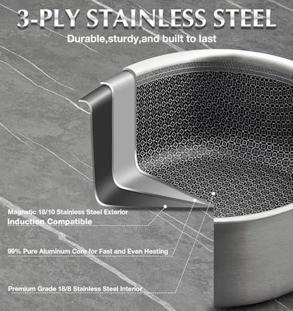 KOCH SYSTEME CS Hybrid Nonstick Stainless Steel Sauce Pan 3QT, Tri-ply Stainless Steel Pot with Honeycomb Interior, Hybrid Sauce Pan with Lid, 18/10 Steel Pot, Induction Compatible