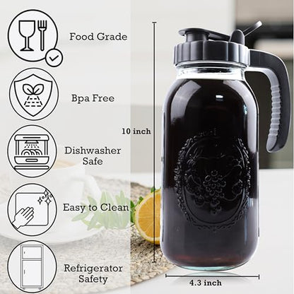 Cold Brew Coffee Maker Half Gallon 2 Set Glass Mason Jar Pitcher With Spout Lid Filter 2 Quart Wide Mouth Iced Tea Brewing Jug Heavy Duty Handle Airtight & Leak-Proof Pitcher For Fridge Sun Tea 64 OZ