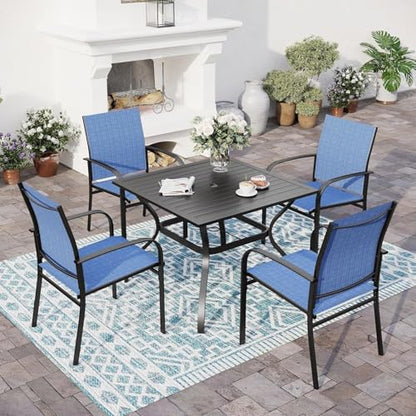 SUNSHINE VALLEY 5 Piece Patio Dining Set for 4, 37”x37” Square Table with Umbrella Hole and 4 Metal Blue Chairs, Outdoor Table and Chairs Set for Lawn Backyard and Deck